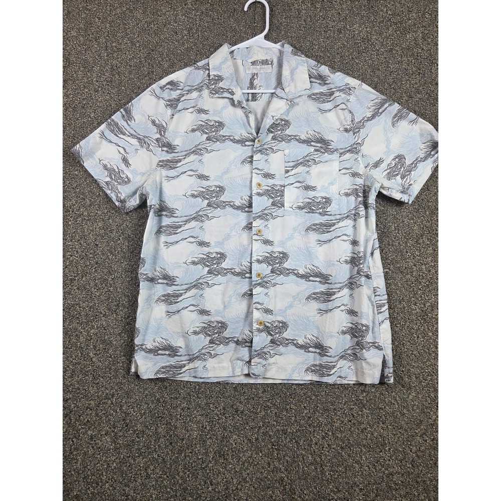 Lucky Brand Hawaiian Shirt Mens L Blue Wave Print Relaxed Casual Short Sleeve